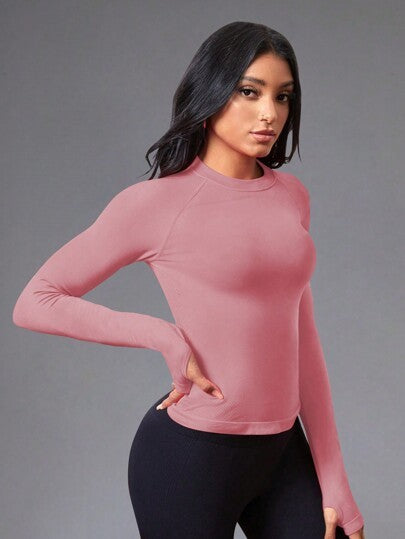 Yoga Basic Women’s Solid Color Raglan Sleeve Sports Top – Seamless with Thumb Holes
