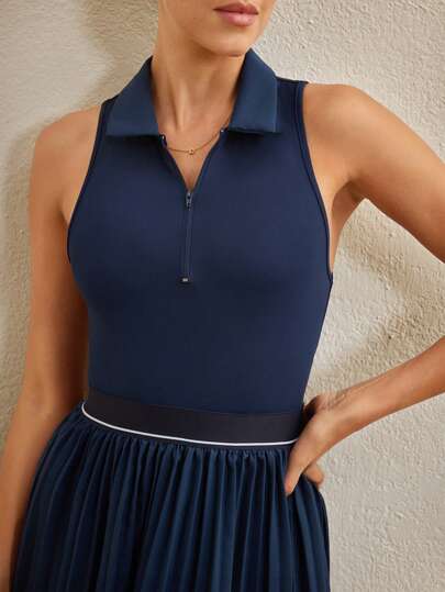 Women's Fashion Solid Color Sleeveless Turn-Down Collar Sports Jumpsuit