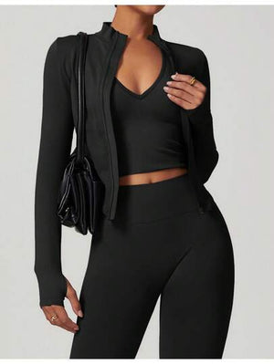 Women’s Standing Collar Zipper Yoga Jacket – Tight Fit, Quick-Dry Sports Top