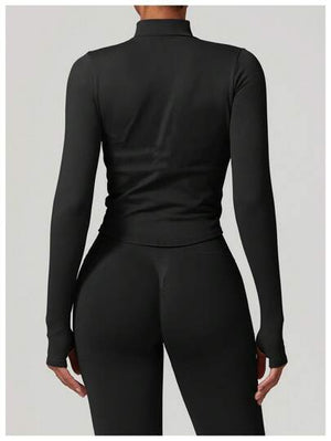Women’s Standing Collar Zipper Yoga Jacket – Tight Fit, Quick-Dry Sports Top