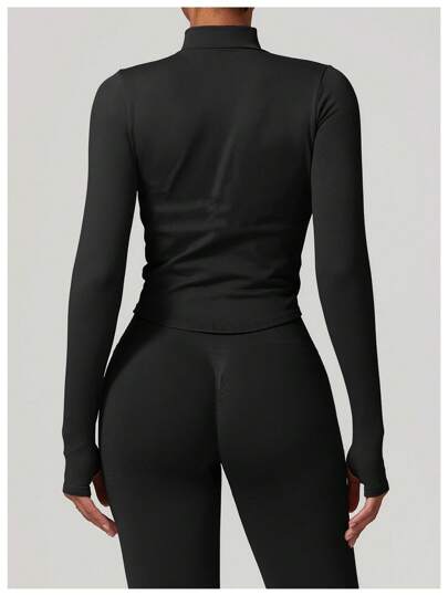 Women’s Standing Collar Zipper Yoga Jacket – Tight Fit, Quick-Dry Sports Top