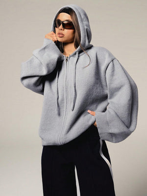 Casual Solid Color Drawstring Hooded Cardigan for Women