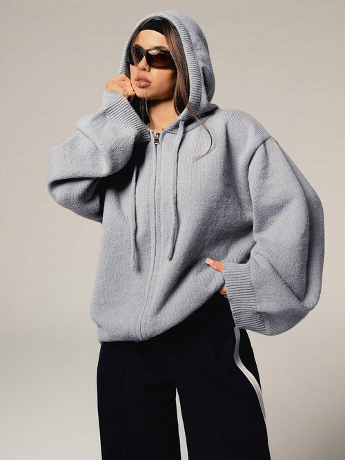 Casual Solid Color Drawstring Hooded Cardigan for Women