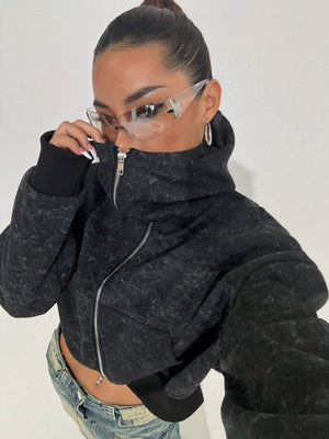 Trendy Women's Turtleneck Open-Front Hoodie – Cosy Fleece & Street Style