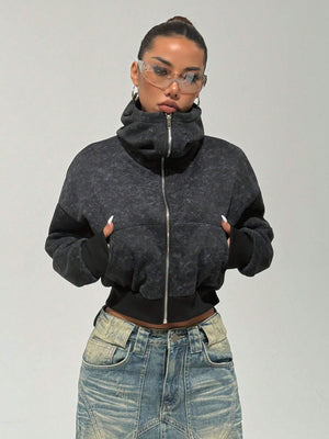 Trendy Women's Turtleneck Open-Front Hoodie – Cosy Fleece & Street Style
