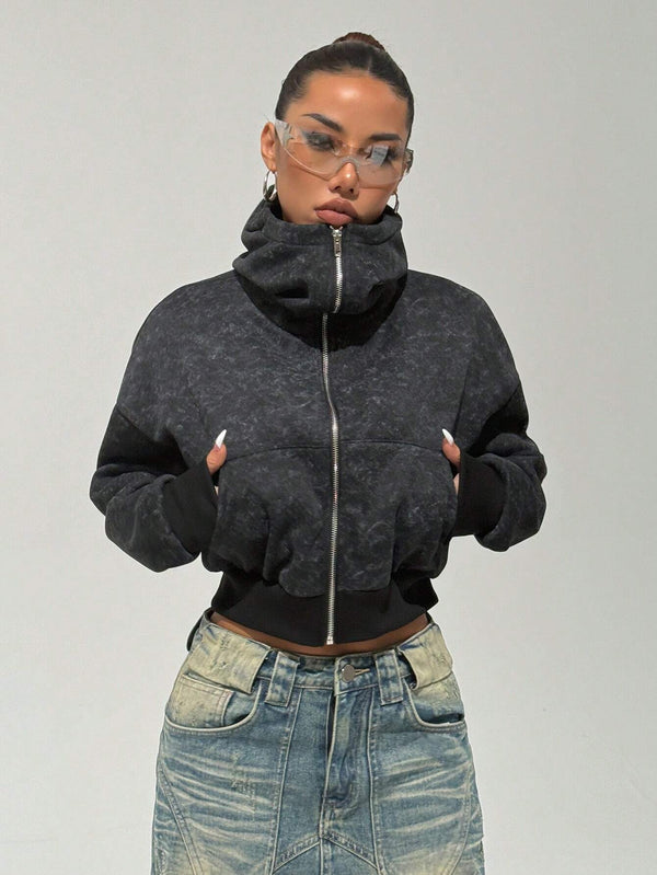 Trendy Women's Turtleneck Open-Front Hoodie – Cosy Fleece & Street Style