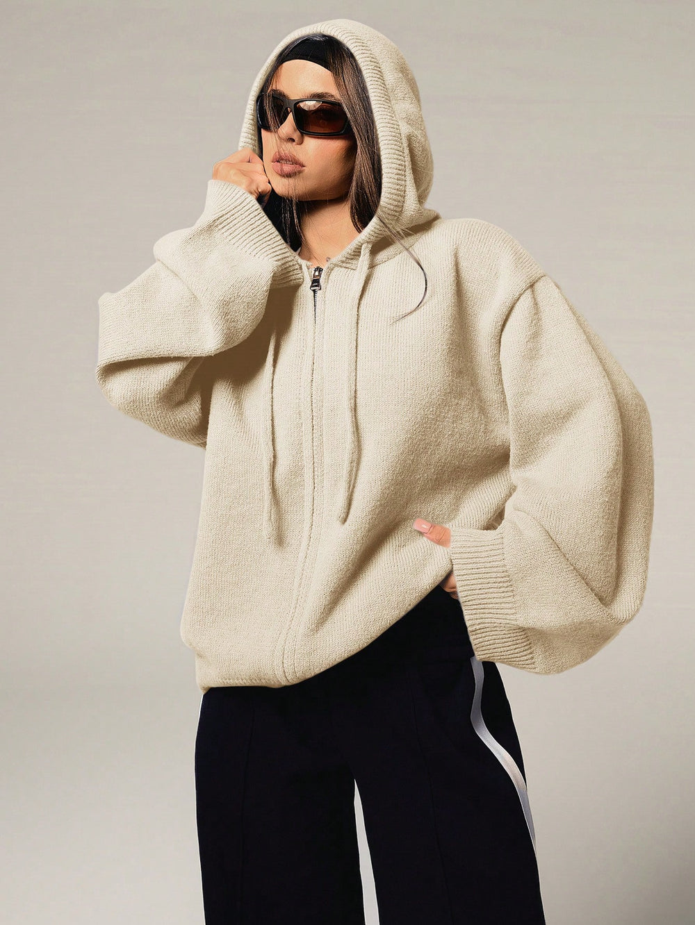 Casual Solid Color Drawstring Hooded Cardigan for Women