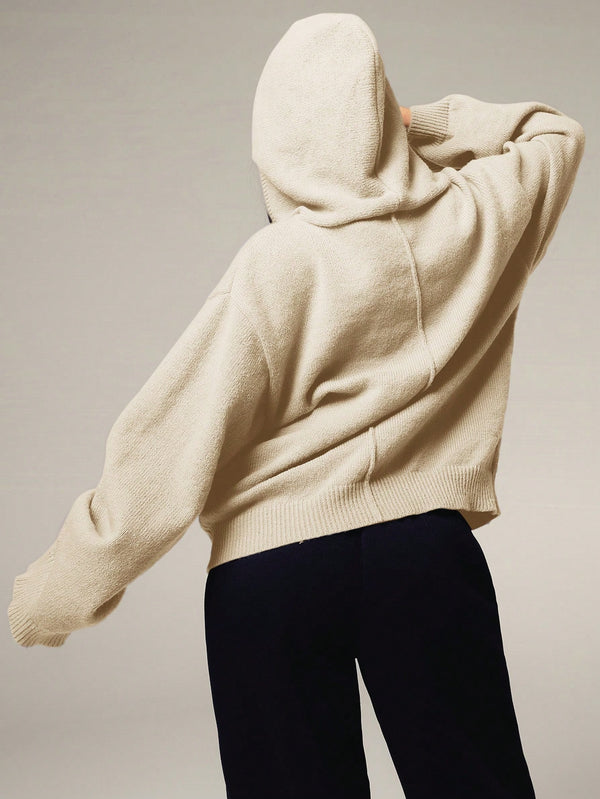 Casual Solid Color Drawstring Hooded Cardigan for Women