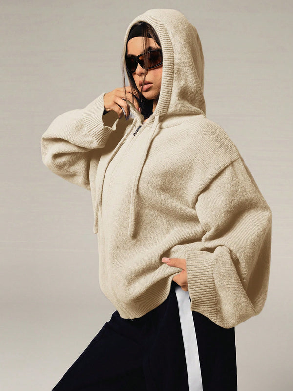 Casual Solid Color Drawstring Hooded Cardigan for Women