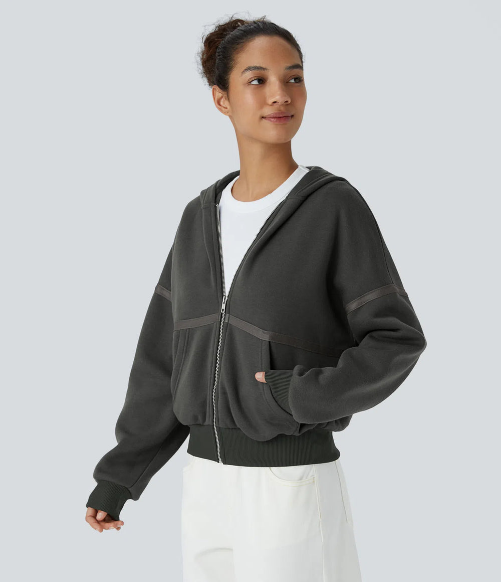 Dropped Shoulder Zipper Relaxed Hoodie