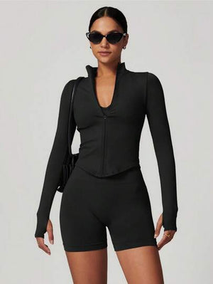 Women’s Standing Collar Zipper Yoga Jacket – Tight Fit, Quick-Dry Sports Top
