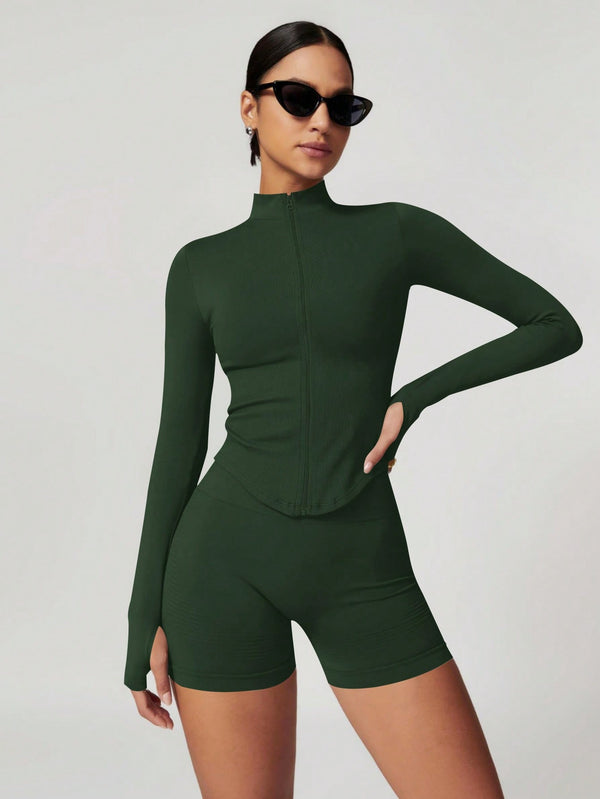 Women’s Standing Collar Zipper Yoga Jacket – Tight Fit, Quick-Dry Sports Top