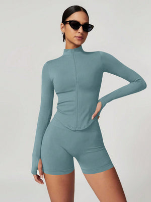 Women’s Standing Collar Zipper Yoga Jacket – Tight Fit, Quick-Dry Sports Top