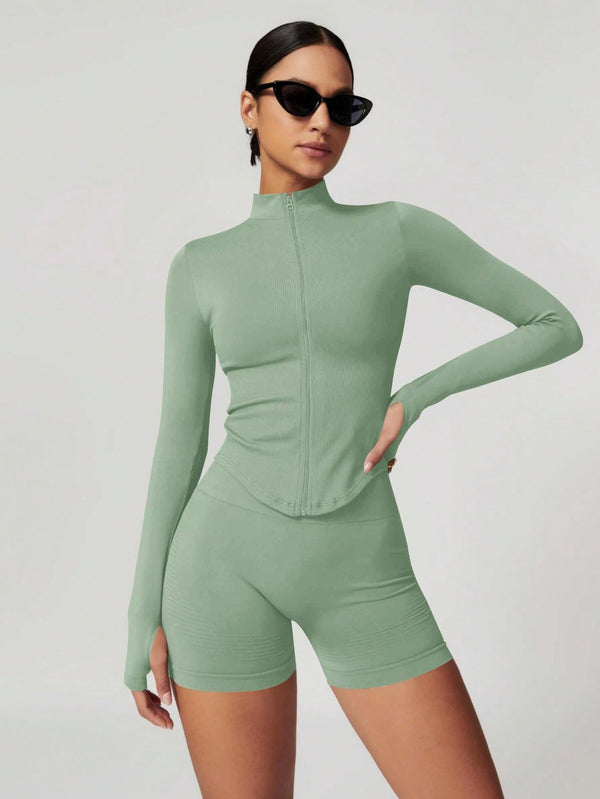 Women’s Standing Collar Zipper Yoga Jacket – Tight Fit, Quick-Dry Sports Top