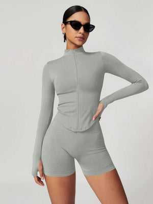 Women’s Standing Collar Zipper Yoga Jacket – Tight Fit, Quick-Dry Sports Top