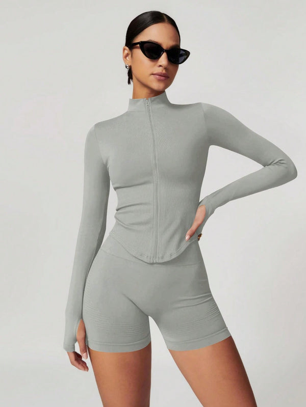 Women’s Standing Collar Zipper Yoga Jacket – Tight Fit, Quick-Dry Sports Top